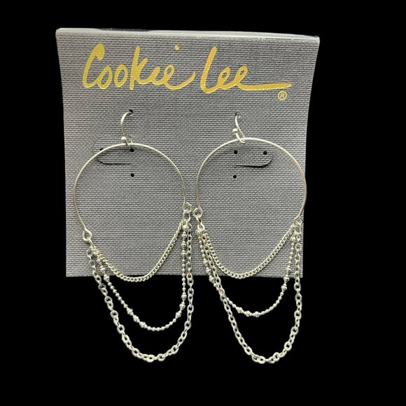 Vintage Cookie Lee Earrings 3-Strand Chain‎ Hoop Dangle Silver Tone NEW - Picture 2 of 6